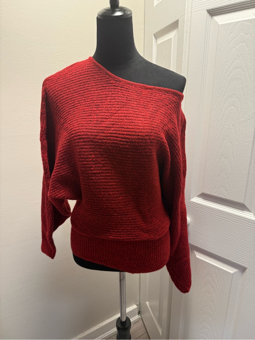 SHEIN Red Off-Shoulder Ribbed Knit Sweater